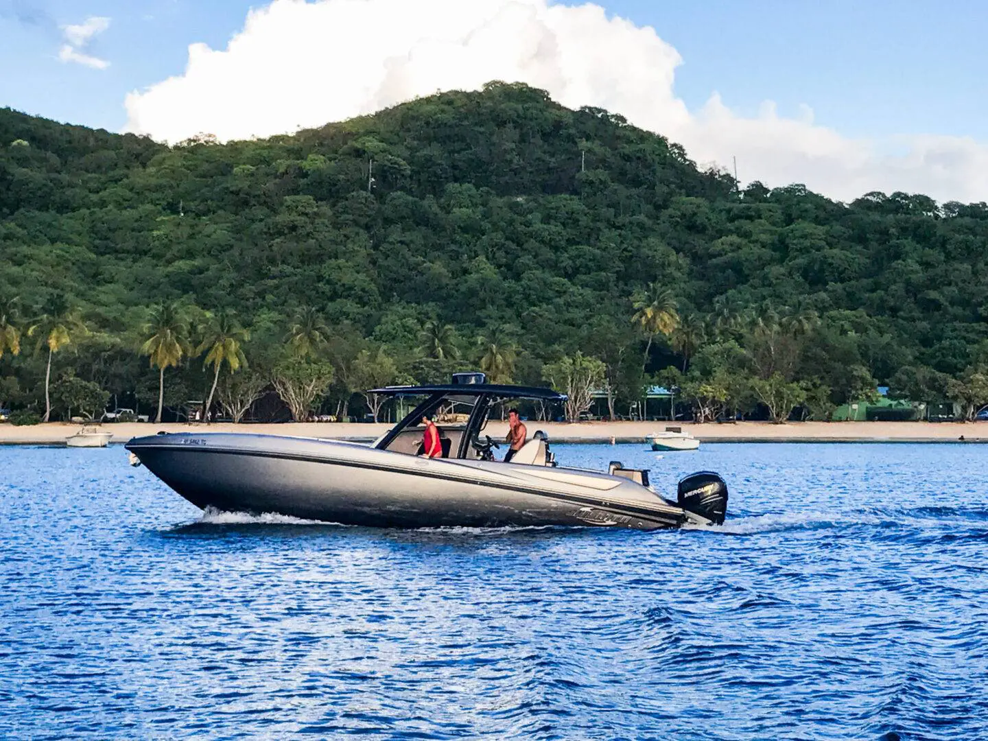 A boat is traveling on the water near some trees.