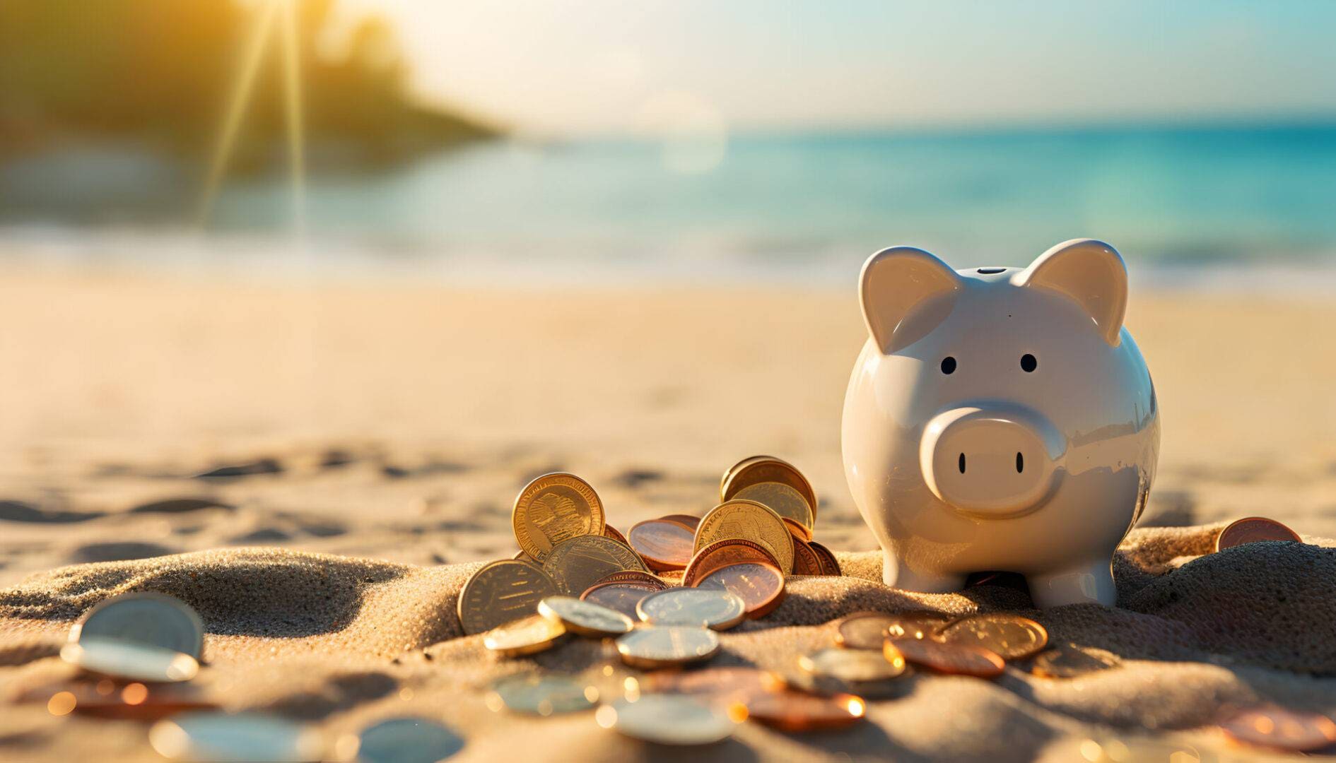 A piggy bank sitting on top of some coins.