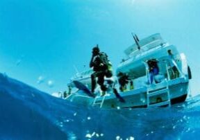 A group of scuba divers on the side of a boat.